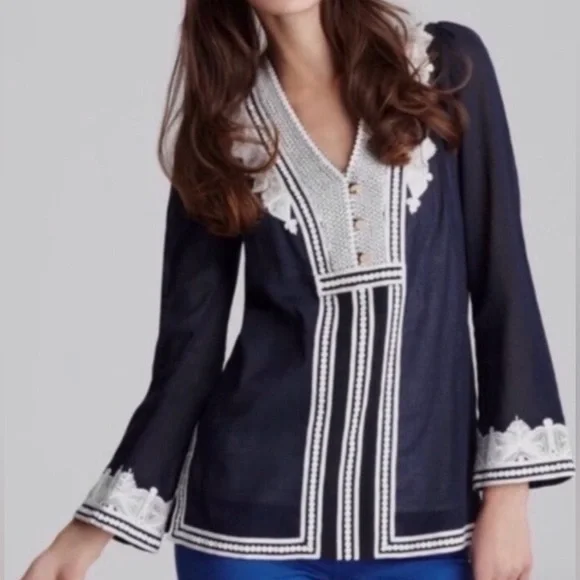 HP! TORY BURCH Aleksi navy and white embroidered tunic. Size 12. NWT! - Picture 1 of 16